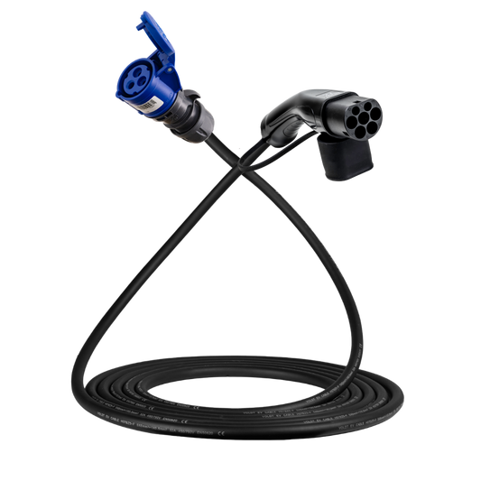 Adapterkabel type 2 (laadstationzijde) naar 16A 3-polige blauwe CEE contactdoos