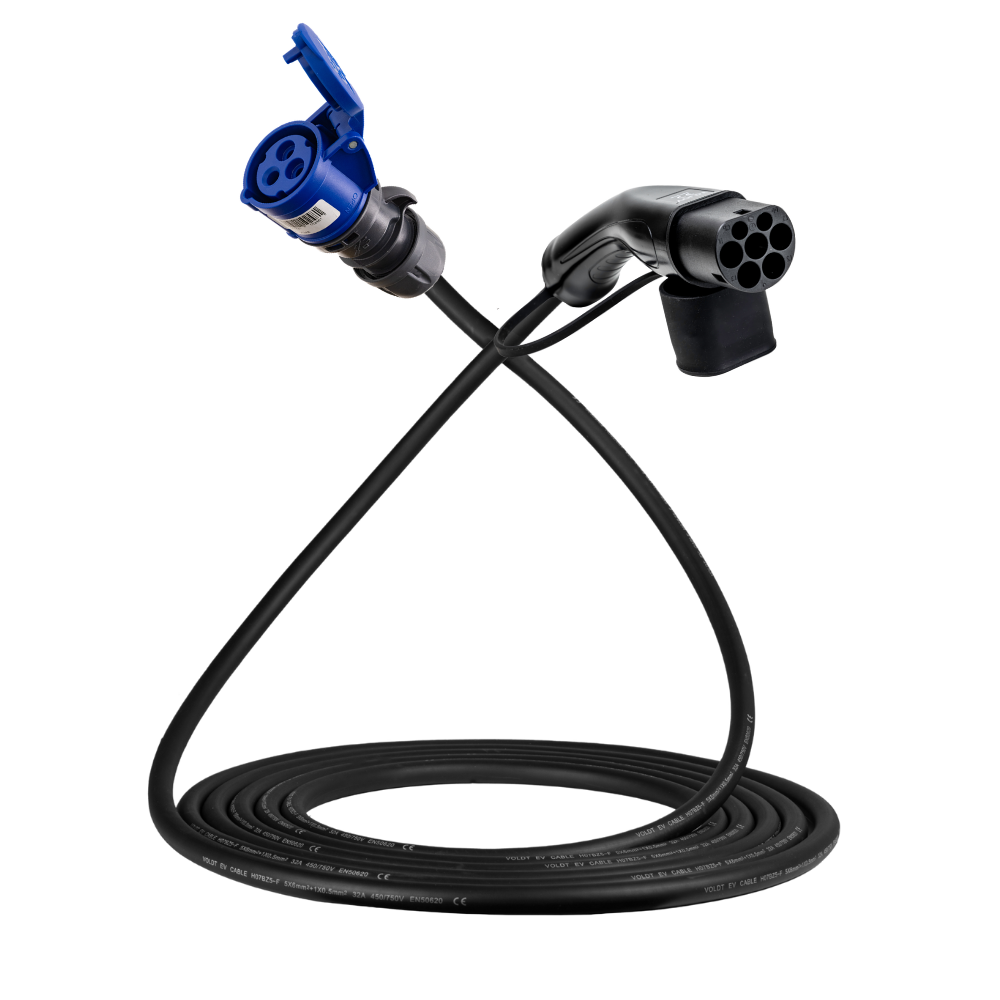 Adapterkabel type 2 (laadstationzijde) naar 3-polige 32A blauwe CEE contactdoos