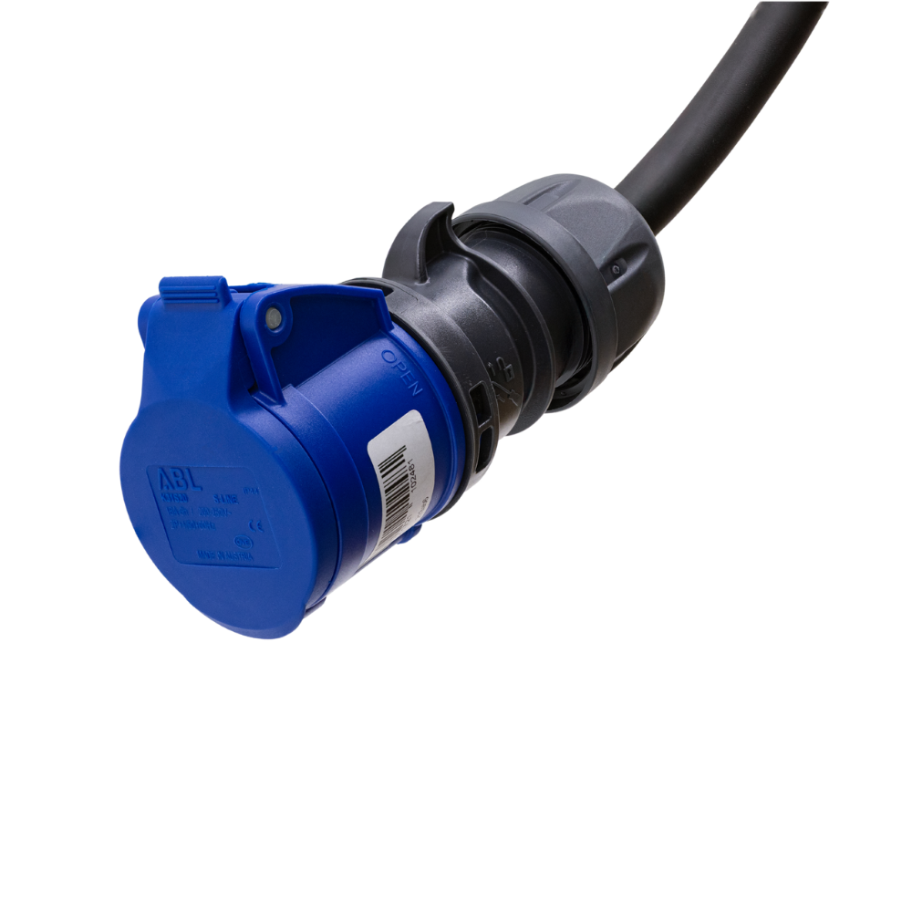 Adapterkabel type 2 (laadstationzijde) naar 3-polige 32A blauwe CEE contactdoos