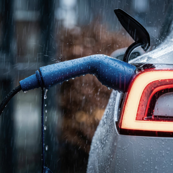 Wet EV charging cable connector on a car in a rainstorm showing weather protection