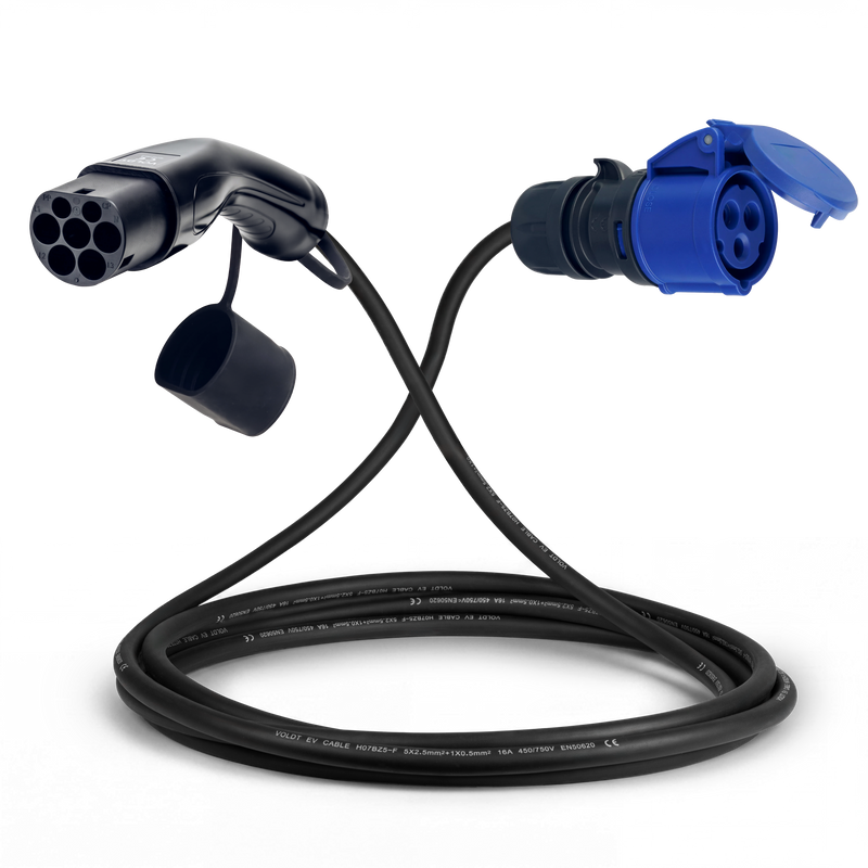 Adapterkabel type 2 (laadstationzijde) naar 16A 3-polige blauwe CEE contactdoos