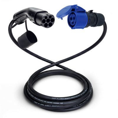 Adapterkabel type 2 (laadstationzijde) naar 3-polige 32A blauwe CEE contactdoos