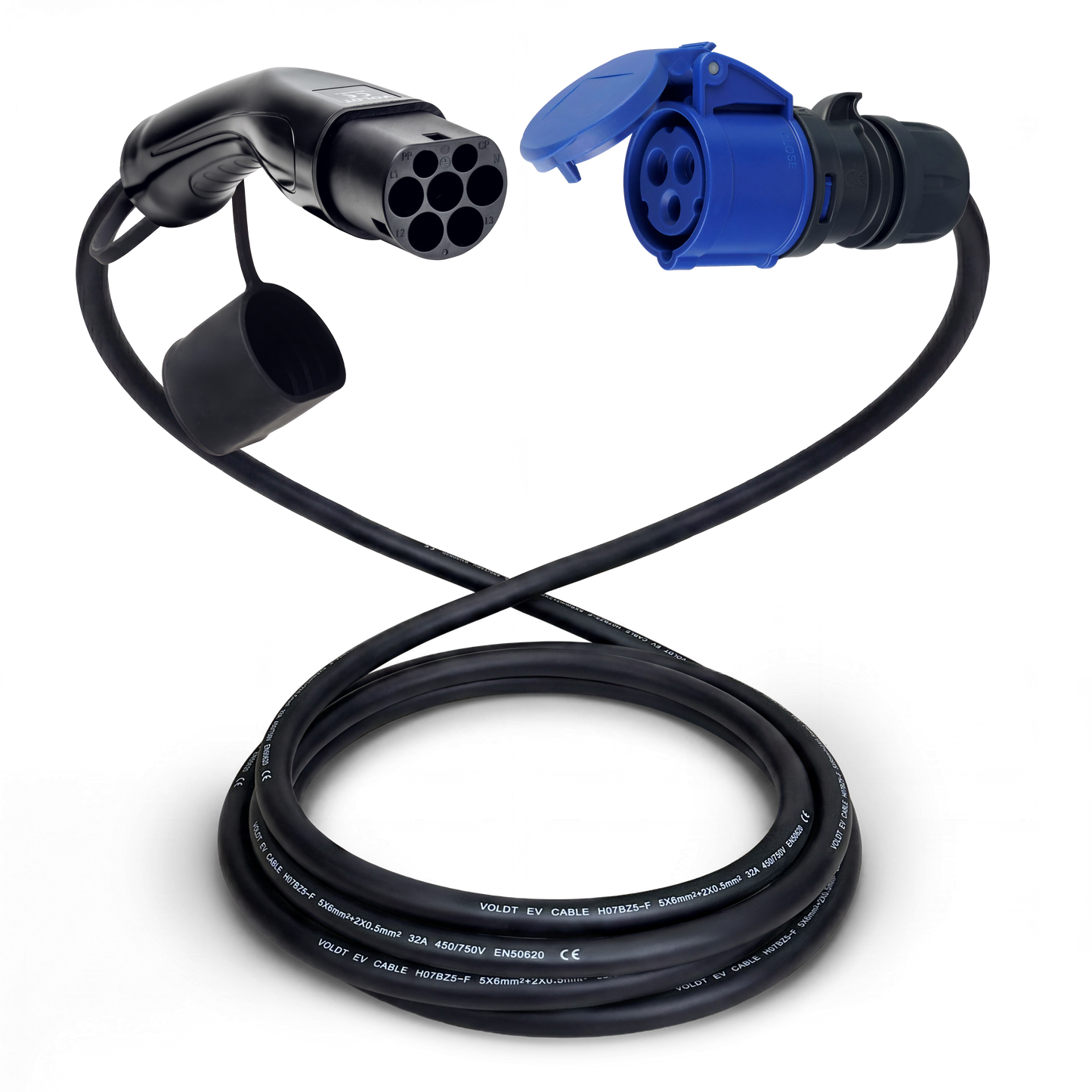 Adapterkabel type 2 (laadstationzijde) naar 3-polige 32A blauwe CEE contactdoos