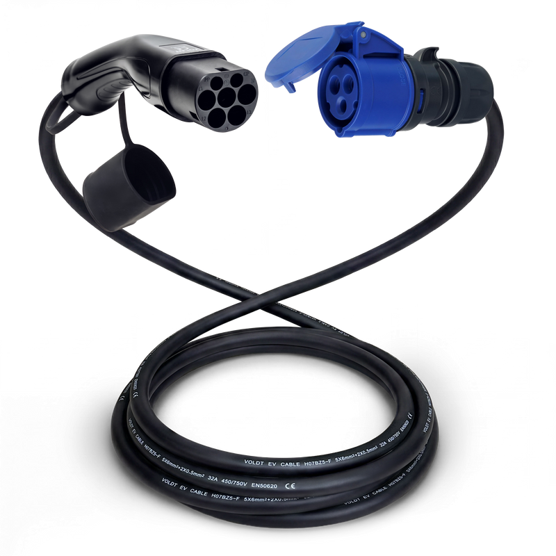 Adapterkabel type 2 (laadstationzijde) naar 3-polige 32A blauwe CEE contactdoos